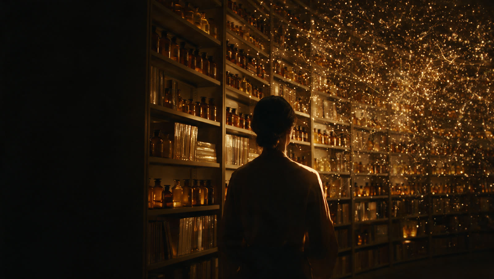 A figure seen from behind, facing an archive wall dissolving into golden points of light
