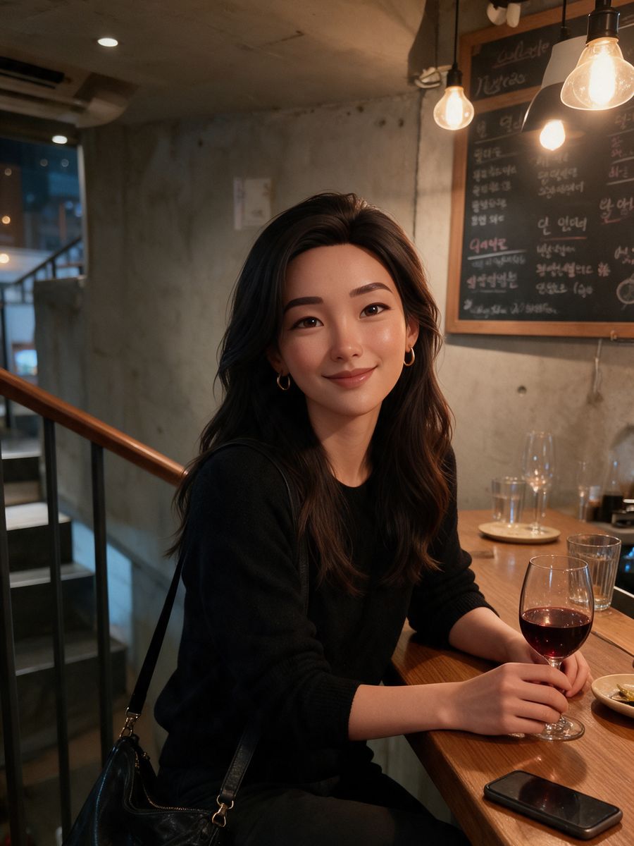 Mina smiling at the camera in a wine bar in Euljiro