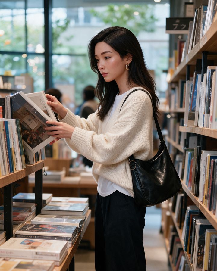 Mina pulling a large book from a shelf in a Daikanyama bookstore
