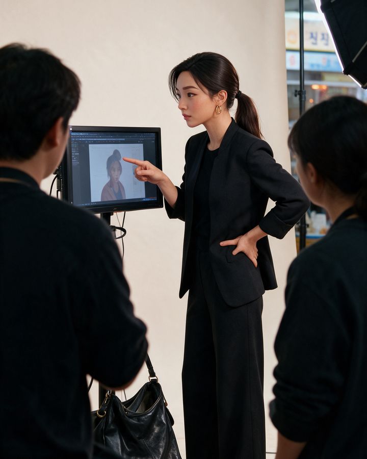 Mina in a photo studio, pointing at the shot on the monitor